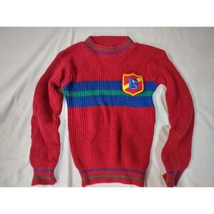 Vintage 90s Red Chunky Knit Varsity Sweater Blue Green Striped B Crest Patch